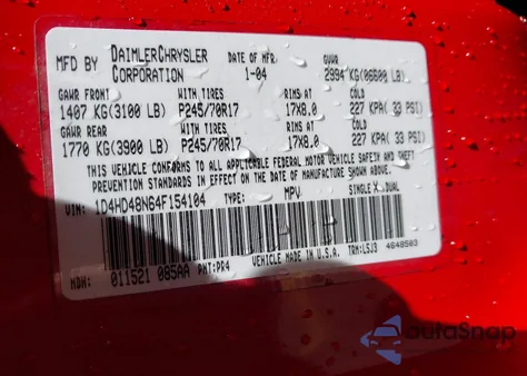 2004 Dodge Durango Slt from USA, damaged, VIN 1D4HD48N64F154104